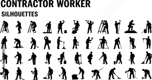 Contractor worker silhouettes, construction labor icons, industrial staff figures, manual tasks illustration, building site clipart, hard hat vector, occupational roles design