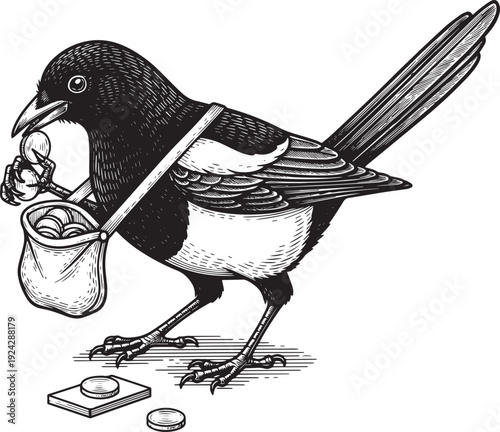 Magpie bandit illustration in vintage engraving style with a sac