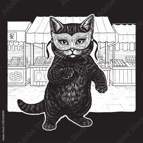 Engraved illustration of a mysterious masked cat shopping at the