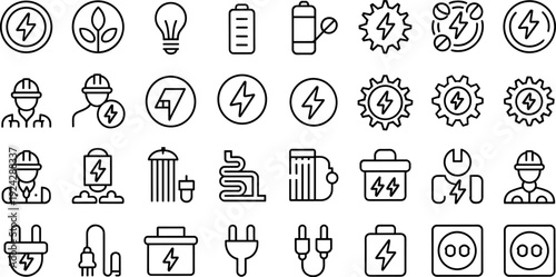 Energy, electricity, engineering line icons set, renewable power, electrical components, battery, plug, hard hat engineer, gear lightning, sustainable technology illustration