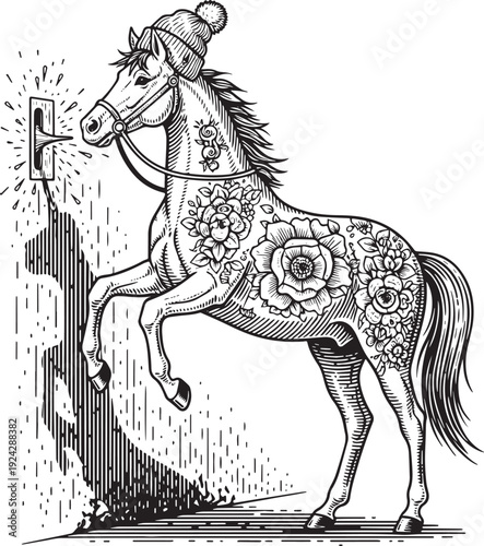 Engraved horse illustration with floral decoration and doorknob