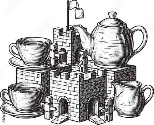Engraved Teatime Castle: Whimsical Fortress of Ceramic Vessels a