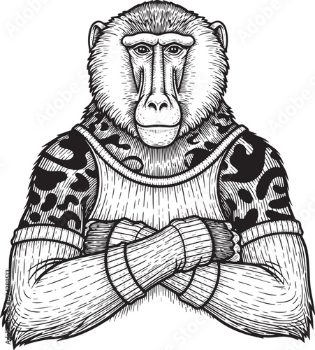 Intricate etching illustration of a baboon wearing a sweater wit