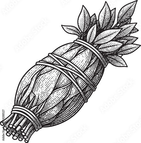 Engraved Bundle of Sage with Delicate Leaves and Textured Bindin