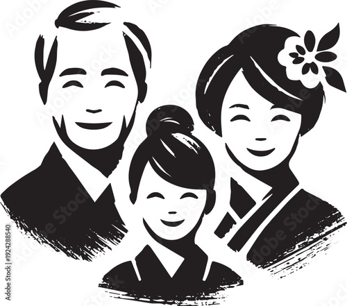 Elegant Sumi-e Style Depiction of a Smiling Multigenerational Fa