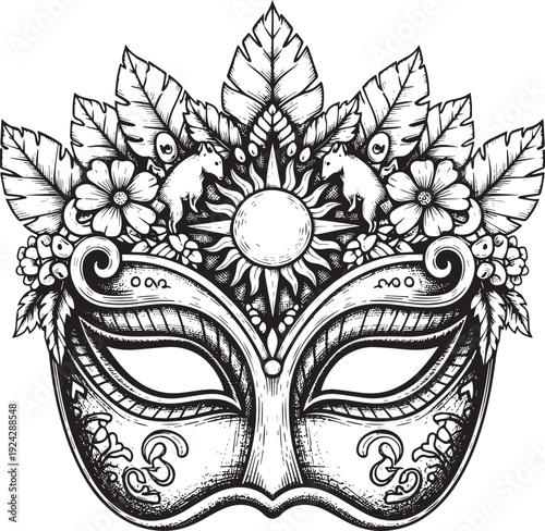 Ornate Venetian Carnival Mask Illustration with Floral and Anima