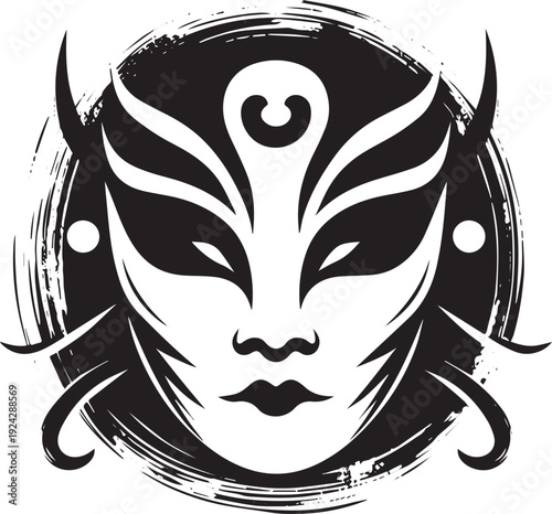 Elegant Asian theatrical mask vector art with brushstroke backgr