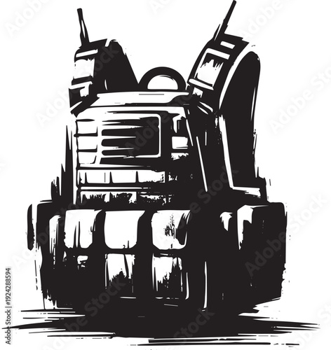 Abstract sumi-e illustration of military vest, tactical gear equ