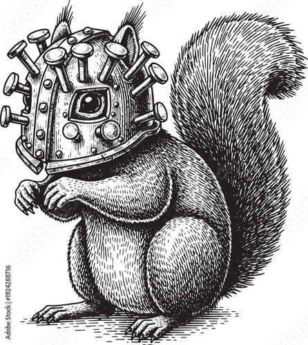 Engraved Illustration of Squirrel with Nail-Studded Helmet - Uni