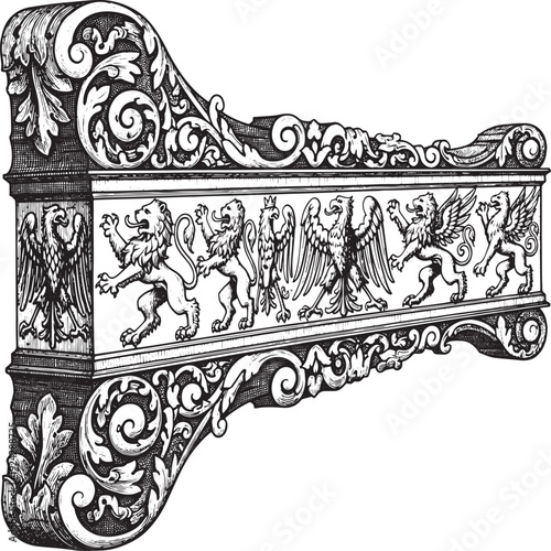 Detailed engraving of heraldic motifs featuring eagles and lions