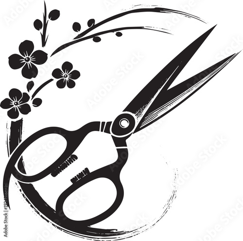 Elegant sumi-e garden scissors icon with floral elements, minima
