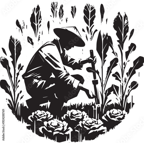 Minimalist Sumi-e Illustration of a Farmer tending lettuce with