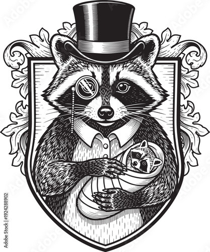 Engraved raccoon family crest illustration with top hat, monocle