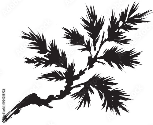 Elegant Cedar Branch Illustration: Sumi-e Style in Minimalist Bl