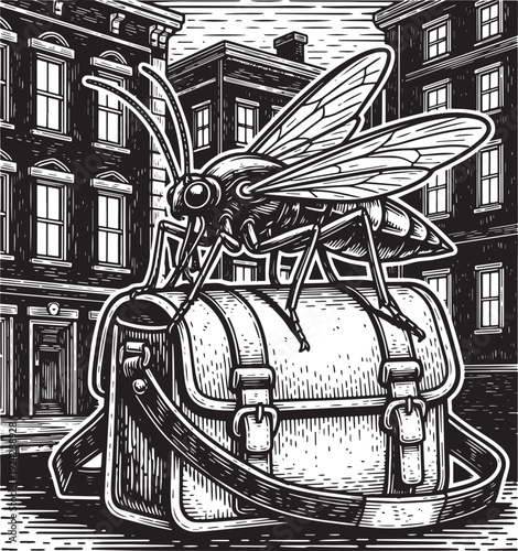 Engraved depiction of a mosquito perched atop a vintage satchel