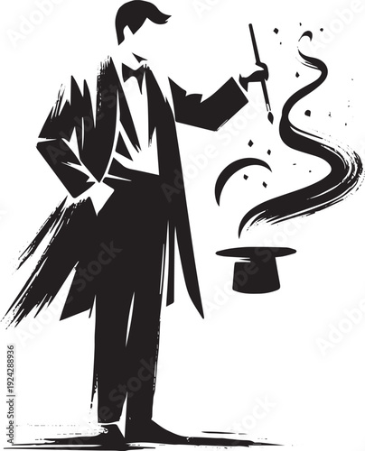 Elegant magician illustration in sumi-e style conjuring brushstr