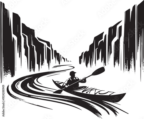 Monochrome depiction of a kayaker navigating a narrow canyon,sum
