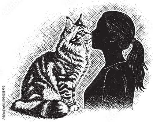 Engraved illustration of a woman with a long-haired tabby Maine