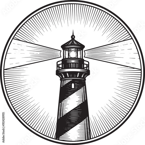 Engraved lighthouse with radiating beams of light in a circular