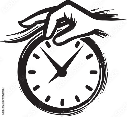 Minimalist Sumi-e Style: Hand Adjusting Clock, Time Management C