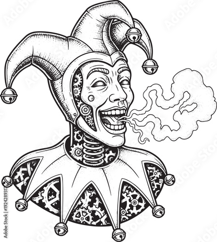 Engraved Illustration of Clockwork Jester Smoking, Mechanical Ge