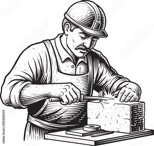 Woodcut illustration portraying a stone carver at work with spar