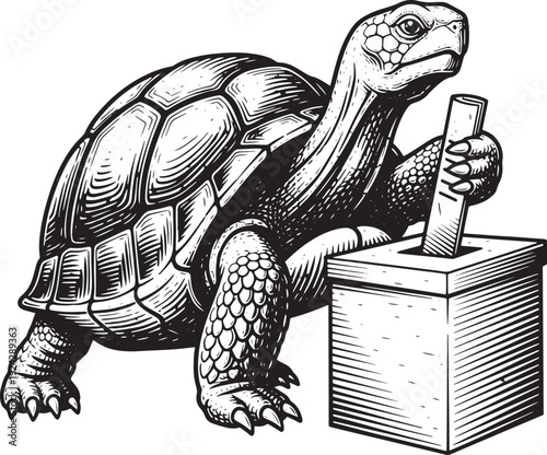 Engraved turtle casting vote, vintage illustration of slow and s