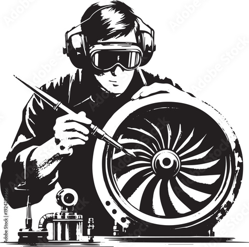 Detailed sumi-e illustration of a man maintaining a jet engine t
