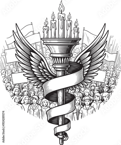 Engraved illustration of a torch with wings surrounded by protes