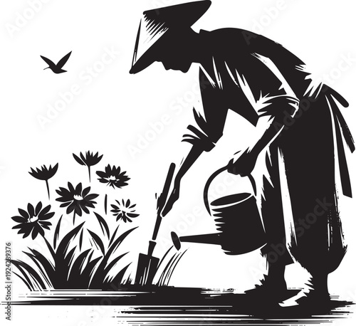 Elegant monochrome sumi-e illustration of a gardener tending flo