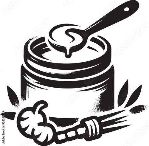 Minimalist black and white illustration of baby food jar with sp