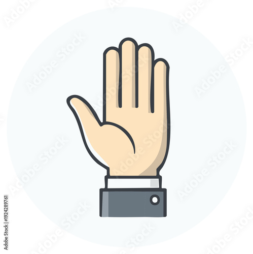 Cartoon hand showing stop or palm gesture inside a light blue circle, simple illustration