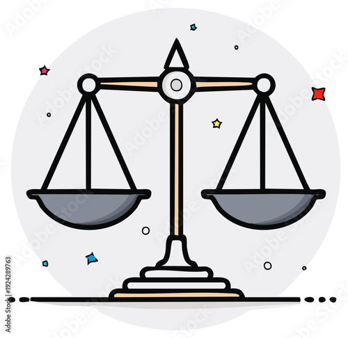 Scales of Justice Illustration with Colorful Star Shapes Around