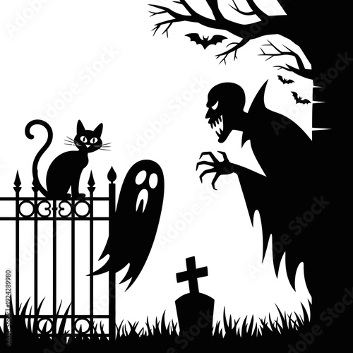 Mysterious midnight scene featuring a cat, ghost, and shadowy figure near a graveyard gate isolated on white background, Vector, illustration