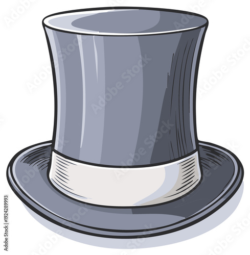 Elegant Formal Grey Top Hat Accessory with White Ribbon Band Illustration