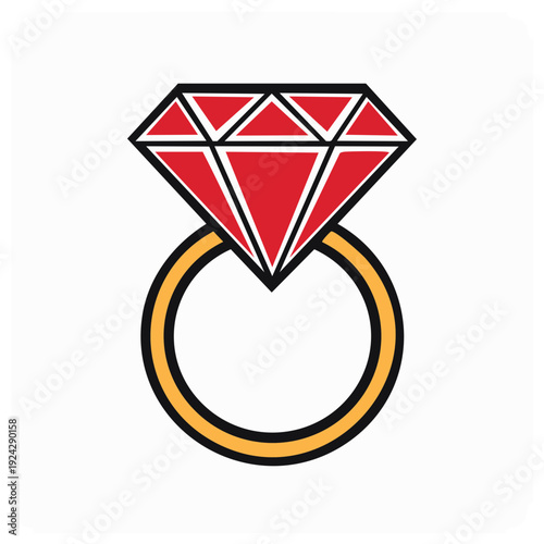 Stylized red diamond ring icon with golden band and white background