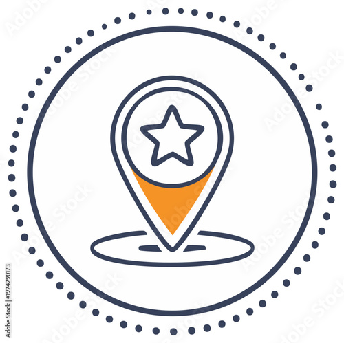 Map pointer with star in circle, location pin icon in vector, place marker pictogram