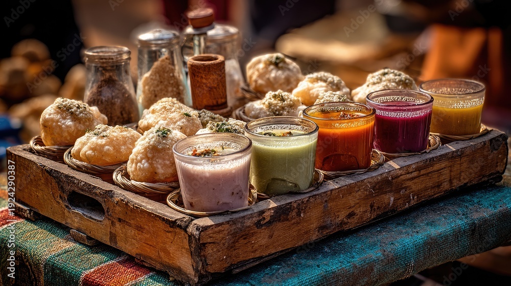 Fototapeta premium Colorful display of street food snacks with various sauces and spices in traditional wooden tray at local market in vibrant cultural setting
