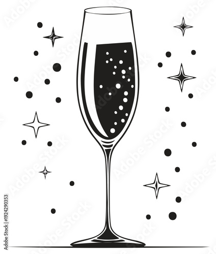 Festive Champagne Toast Celebration: Bubbles in Flute Glass amidst Sparkling Stars