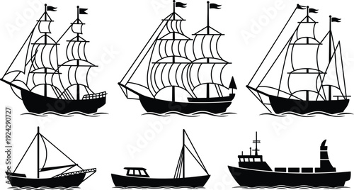 Sailing ships and boats silhouettes set featuring historic tall ships modern fishing vessels marine transportation icons isolated black vector illustration