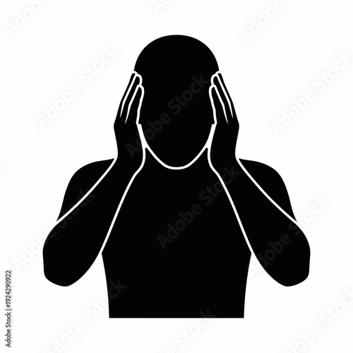 Person covering ears with hands indicating discomfort or stress from loud noise isolated on white background, Vector, illustration