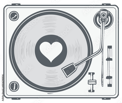 Retro Turntable with Heart Graphic Playing Vinyl Record Album Top View Illustration