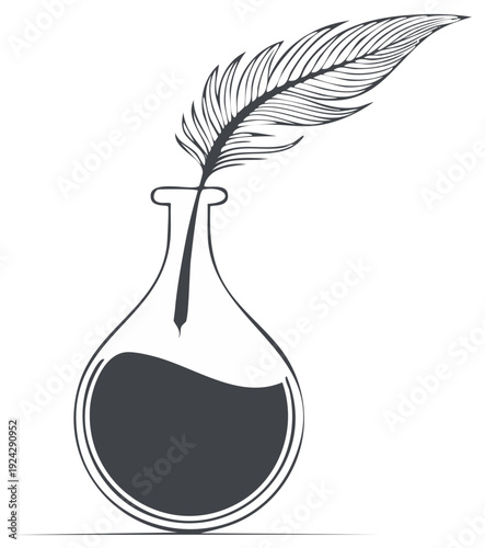 Monochrome illustration of a vintage feather quill pen in an inkwell