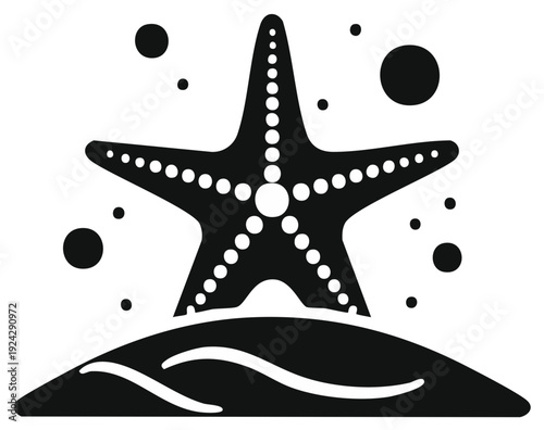 Stylized black starfish icon on sandy seabed with bubbles minimal graphic design element