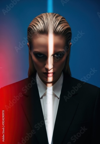 Dramatic portrait of a woman in a suit with a vertical light beam across her face