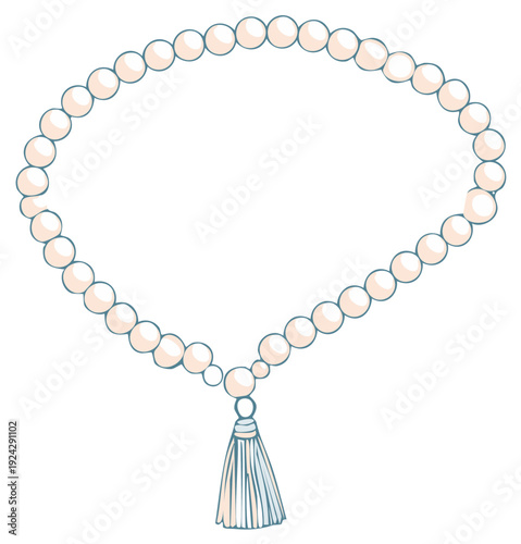 Elegant pearl necklace with tassel isolated on white background, jewelry fashion accessory illustration, beaded string sketch