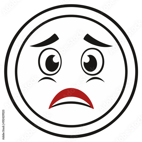 Cartoon style sad face emoji with downturned mouth and downturned eyebrows in round frame