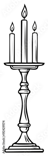 Antique three-armed candelabrum with tall burning candles illustration