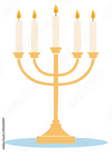 Simple flat illustration of a classic gold candelabra with five lit candles