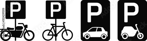 Parking sign icons set for motorcycle bicycle car and scooter black and white transportation symbols illustration vector design
